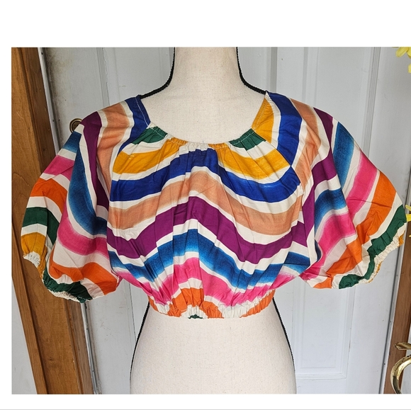 NWT FARM Rio 'Dancing Stripes' Puff Sleeve Crop Top, Size XS - Picture 4 of 16
